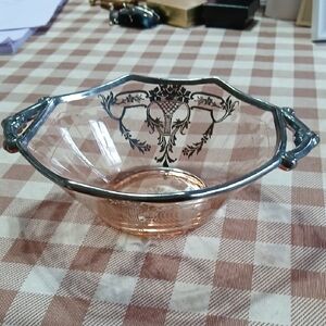 Vintage DEPRESSION Pink Glass Serving Bowl with Silver Trim And Plate.